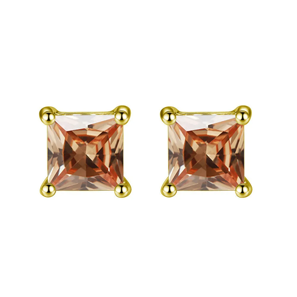 10k Yellow Gold Plated 4 Carat Princess Cut Created Champagne Sapphire Stud Earrings