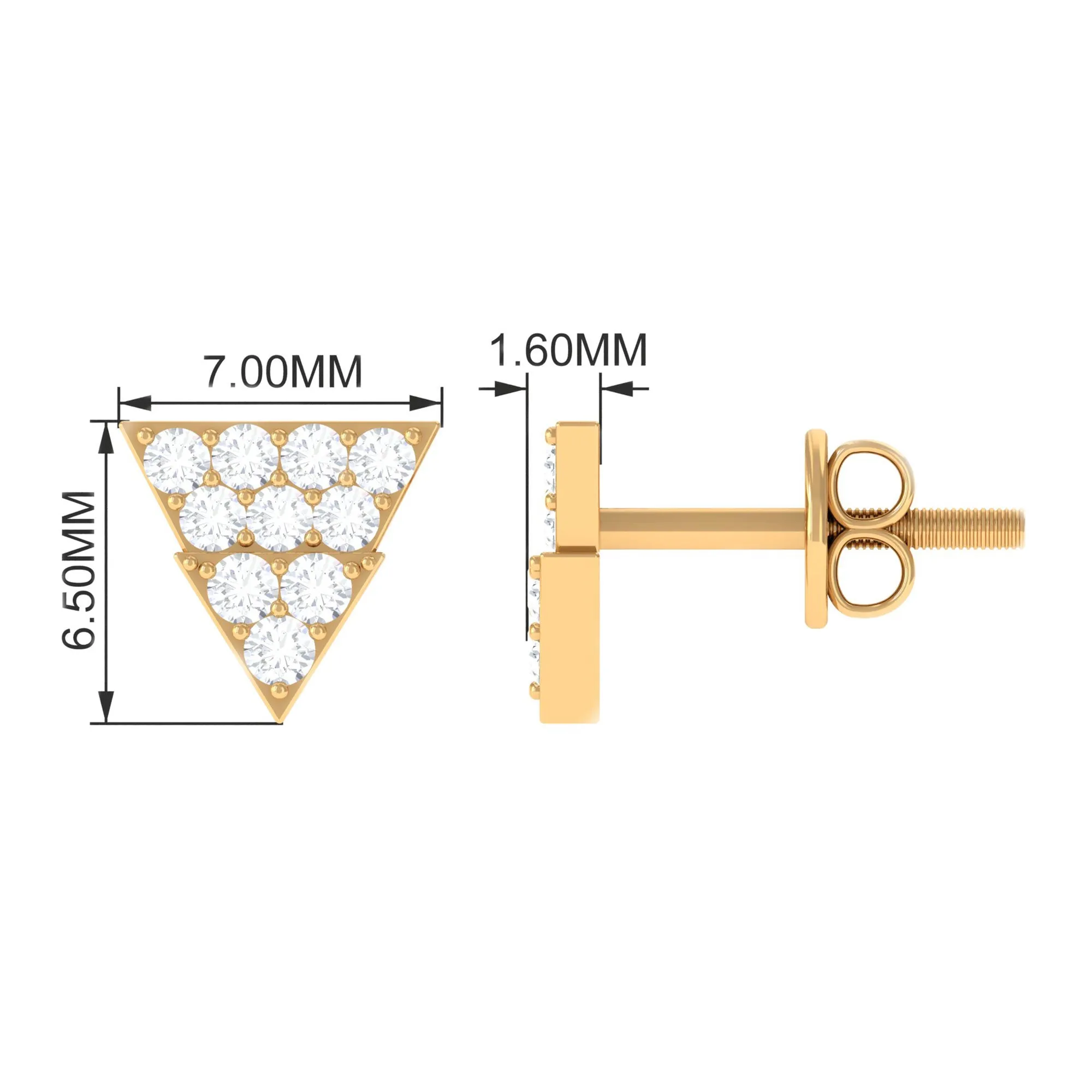 1/2 CT Zircon Triangle Gold Stud Earrings in Pave Setting