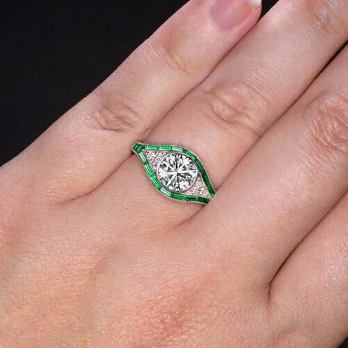 1.20ct LAB CREATED DIAMOND EMERALD ENGAGEMENT RING VINTAGE STYLE 14k WHITE GOLD
