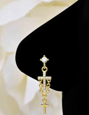 14ct Gold Cross Nose Ring with Chain – Dainty Nose Stud Jewelry
