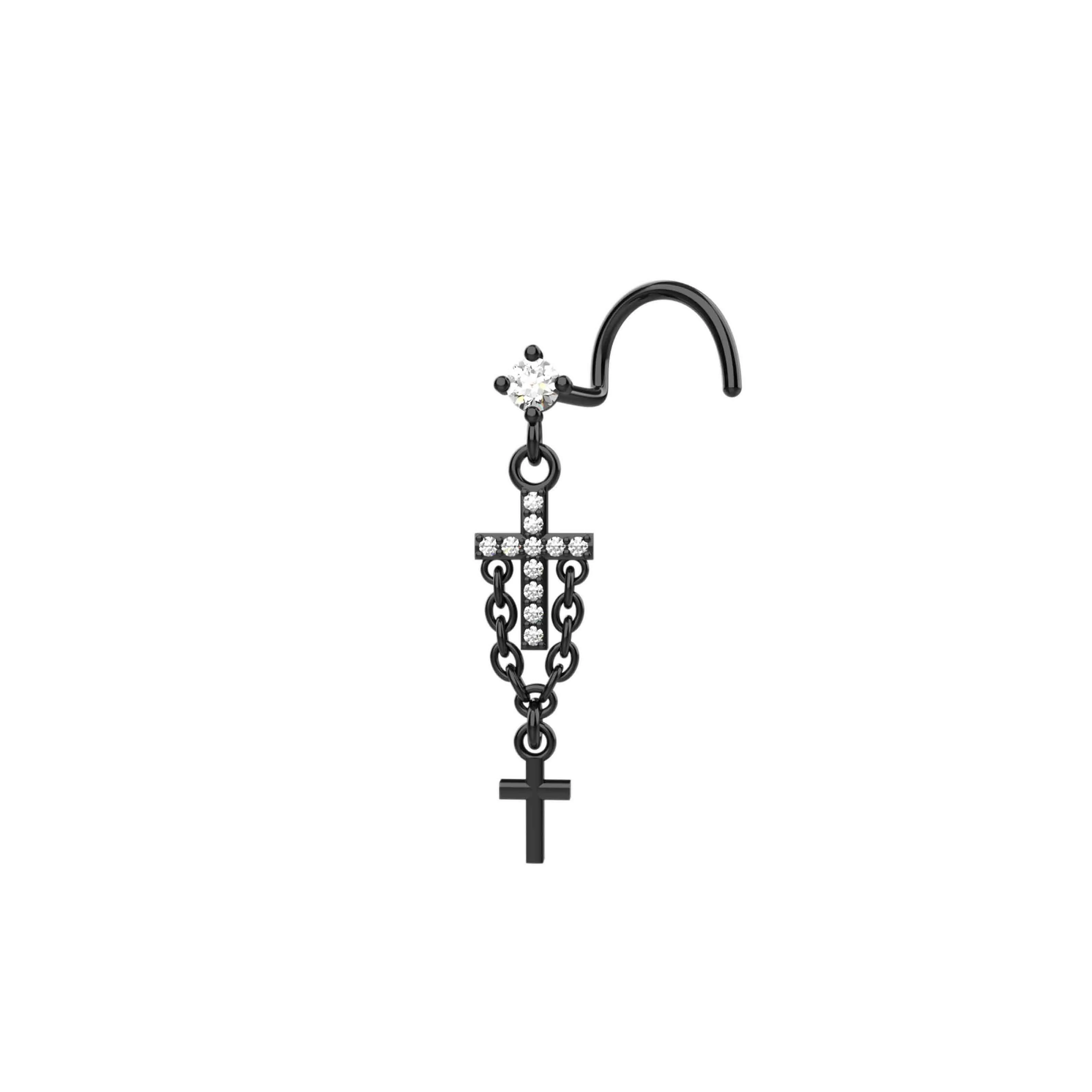 14ct Gold Cross Nose Ring with Chain – Dainty Nose Stud Jewelry