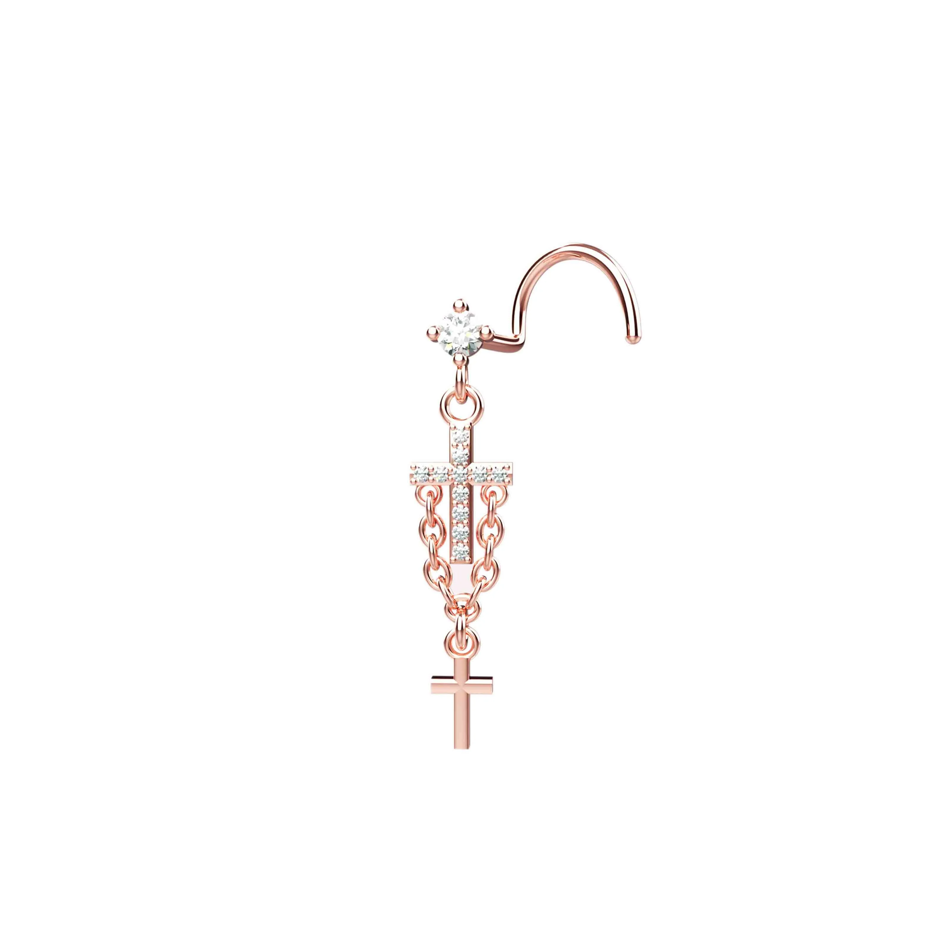 14ct Gold Cross Nose Ring with Chain – Dainty Nose Stud Jewelry