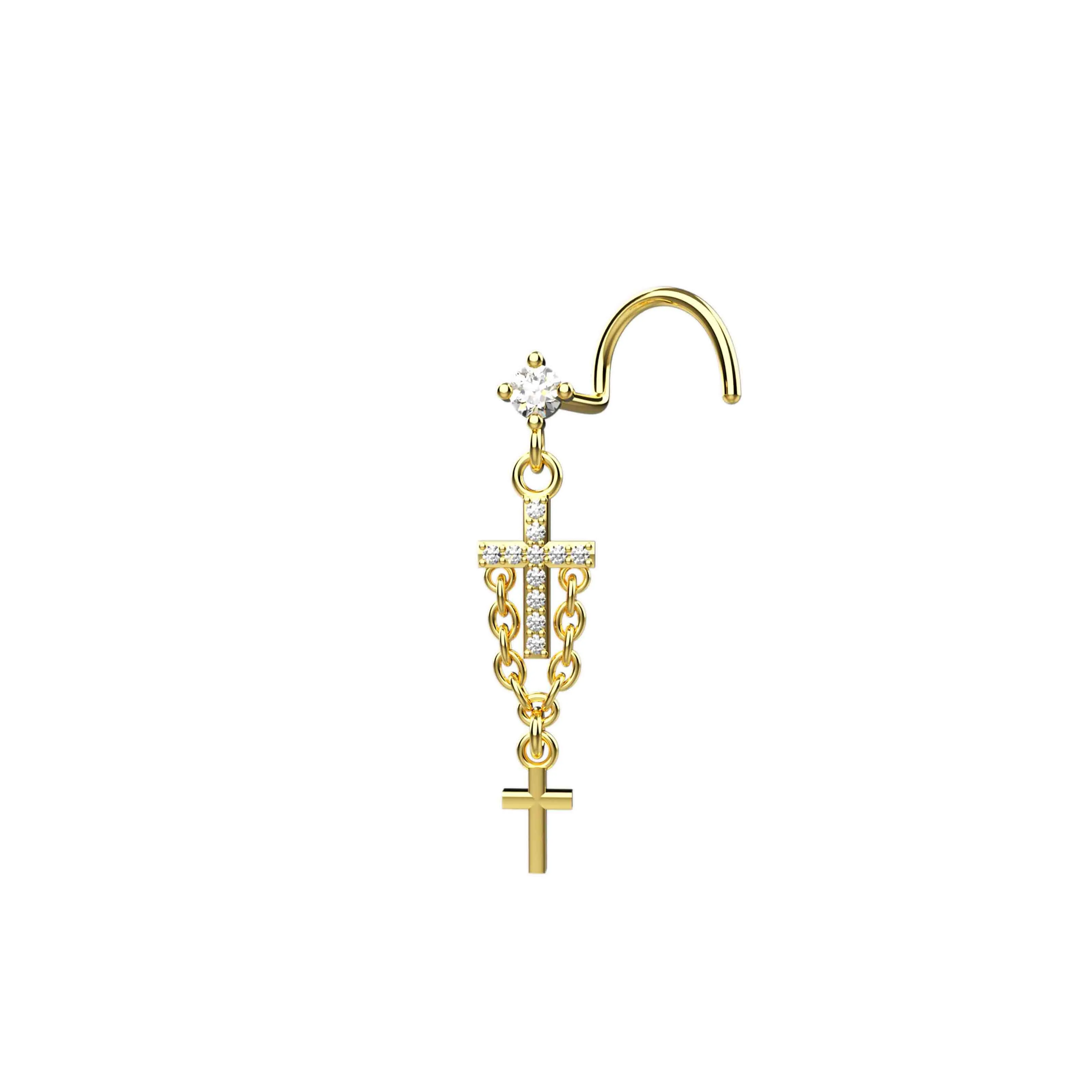 14ct Gold Cross Nose Ring with Chain – Dainty Nose Stud Jewelry