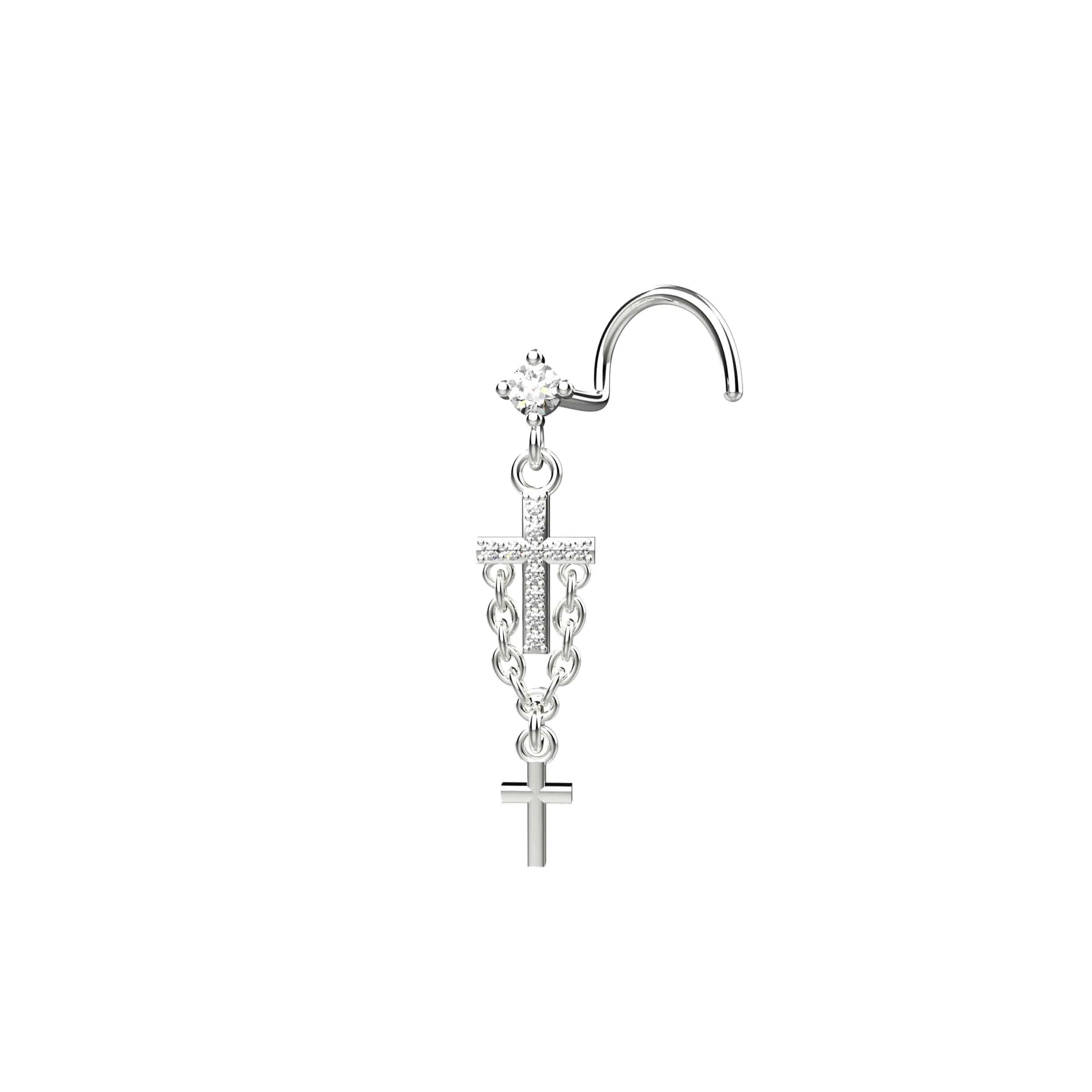 14ct Gold Cross Nose Ring with Chain – Dainty Nose Stud Jewelry