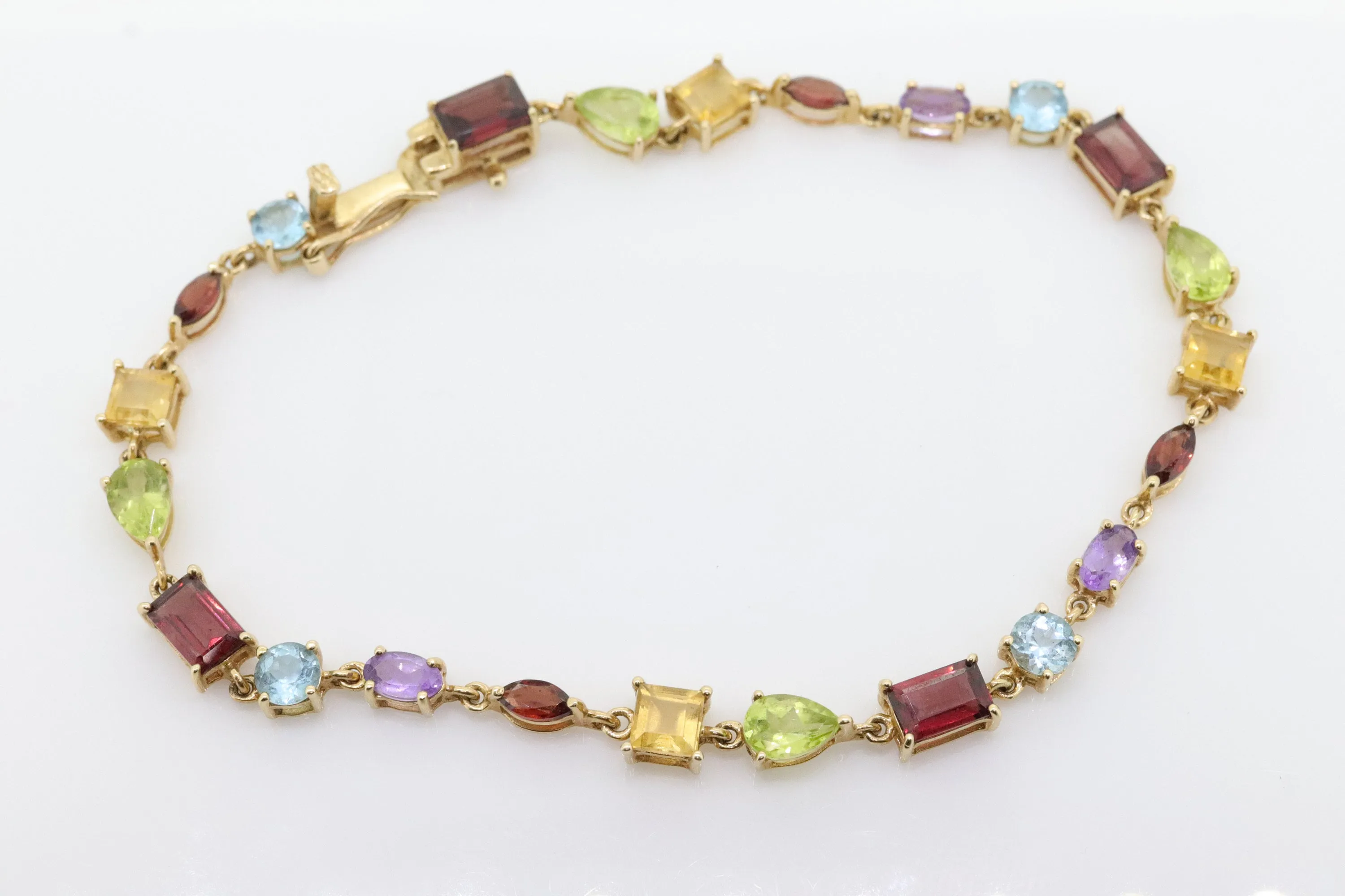 14k Multi-Color Gem Bracelet. Tennis Bracelet. Various Garnet Peridot Topaz Citrine Cluster arrangement bracelet. (st192)