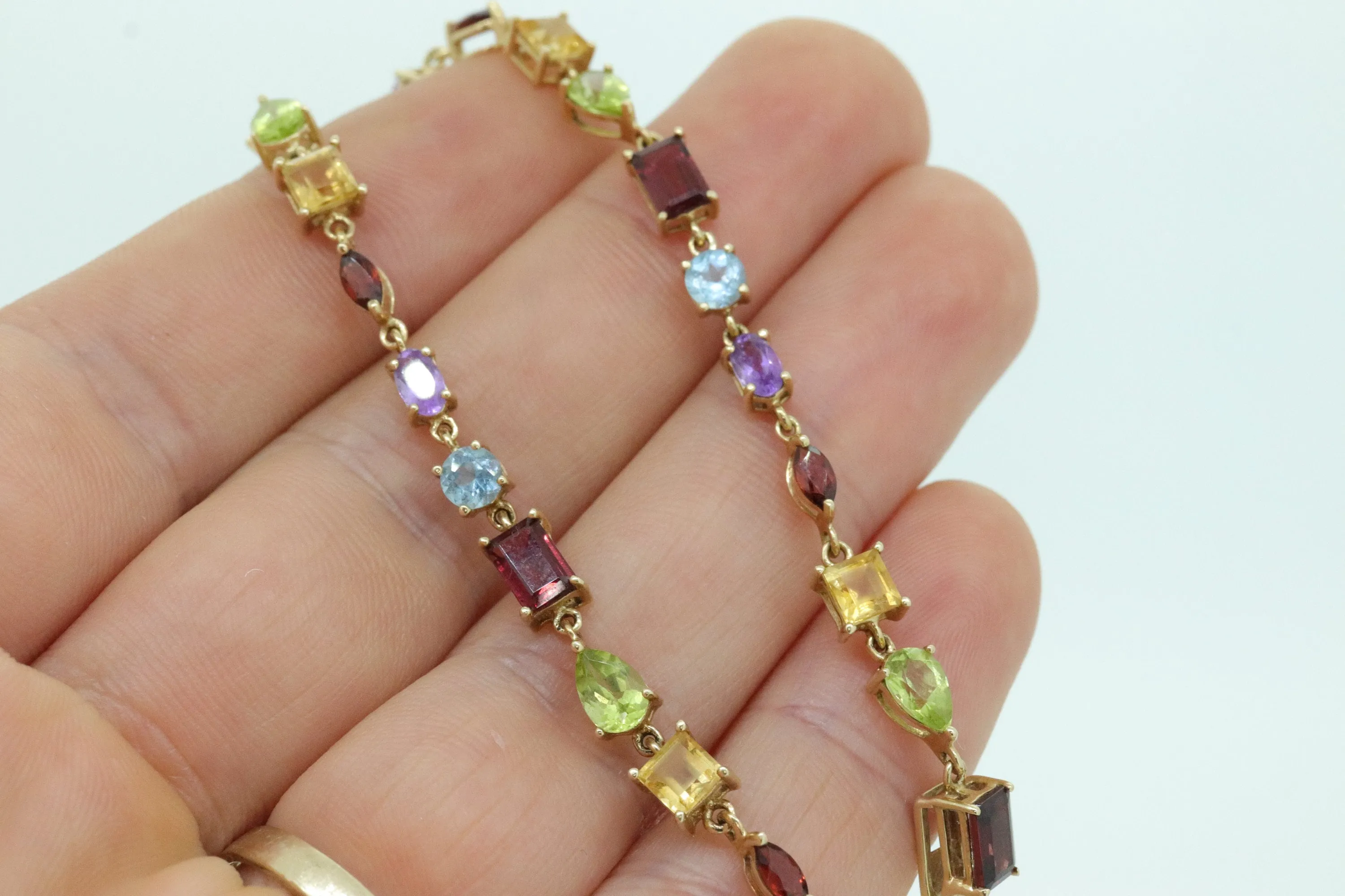 14k Multi-Color Gem Bracelet. Tennis Bracelet. Various Garnet Peridot Topaz Citrine Cluster arrangement bracelet. (st192)