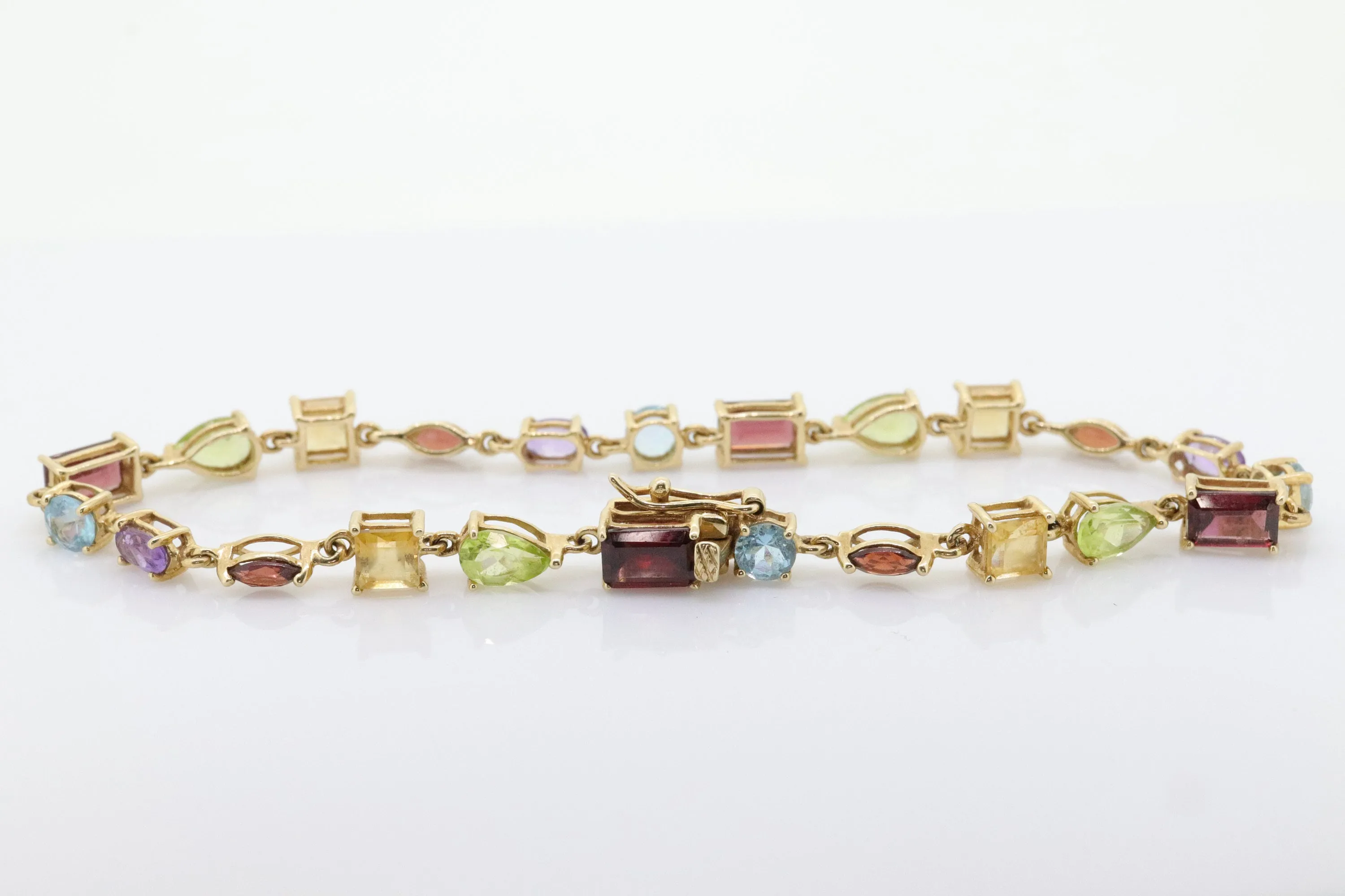 14k Multi-Color Gem Bracelet. Tennis Bracelet. Various Garnet Peridot Topaz Citrine Cluster arrangement bracelet. (st192)