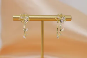 14k Real Gold Crystal Leaves, Flower Exquisite Bridal Earrings, Statement Earrings, Stud Earrings