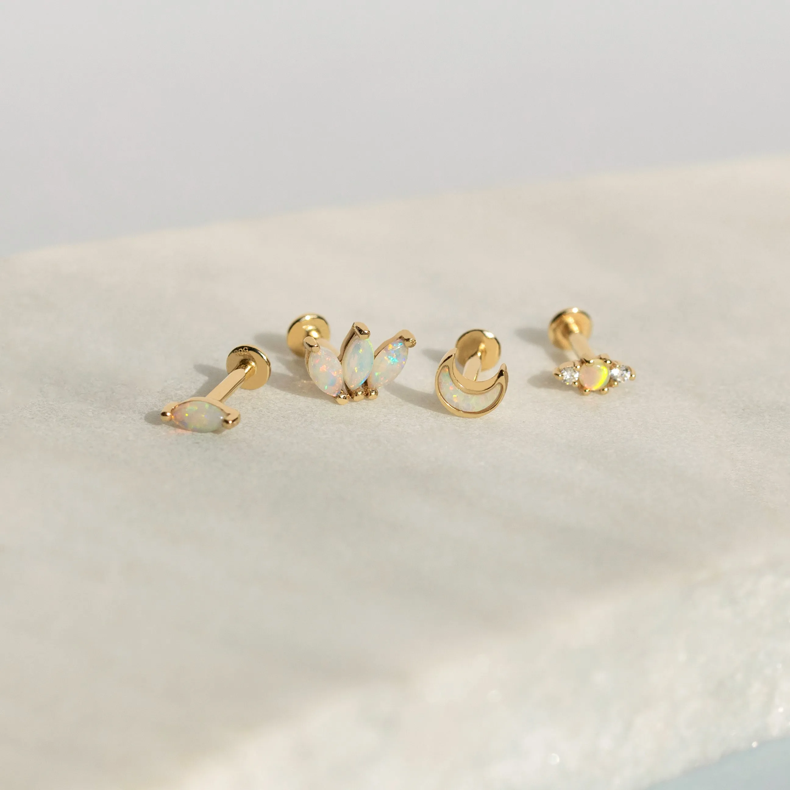 14K Solid Gold Opal Marquise Trio Threaded Labret Earring