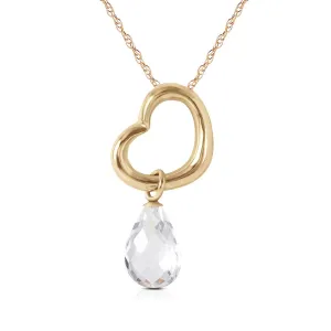 14K Solid Yellow Gold Heart Necklace w/ Dangling Natural White Topaz