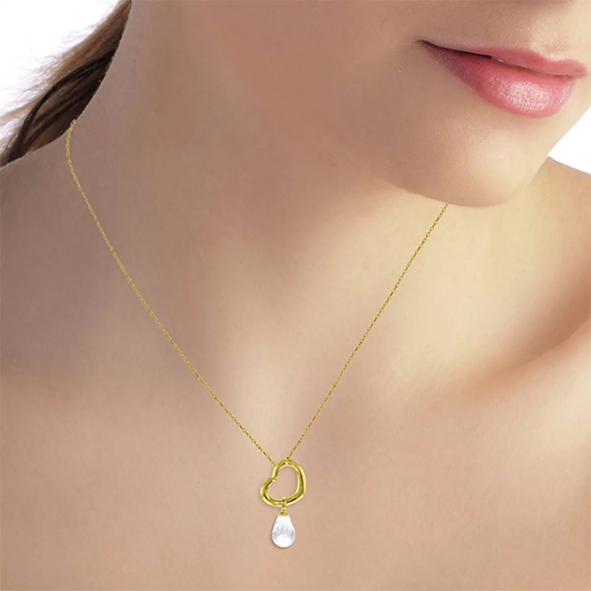 14K Solid Yellow Gold Heart Necklace w/ Dangling Natural White Topaz