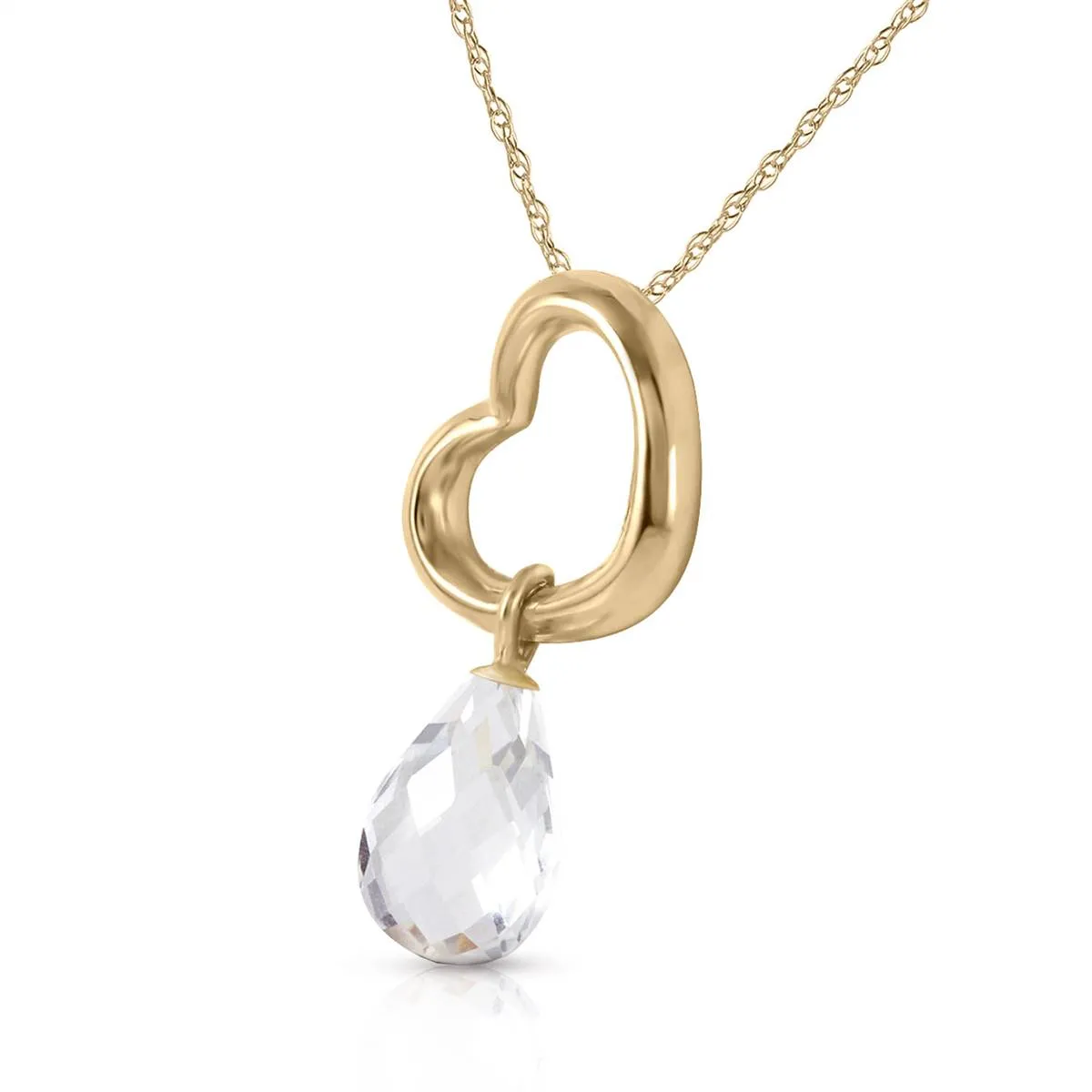 14K Solid Yellow Gold Heart Necklace w/ Dangling Natural White Topaz