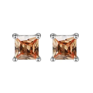 14k White Gold Plated 4 Carat Square Created Champagne Sapphire Stud Earrings