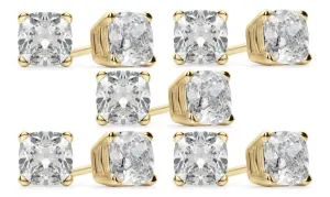 14k Yellow Gold 1Ct Cushion Cut White Sapphire Set Of Five Stud Earrings Plated