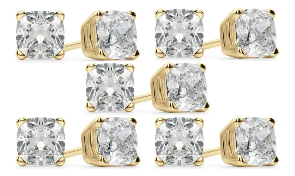 14k Yellow Gold 1Ct Cushion Cut White Sapphire Set Of Five Stud Earrings Plated