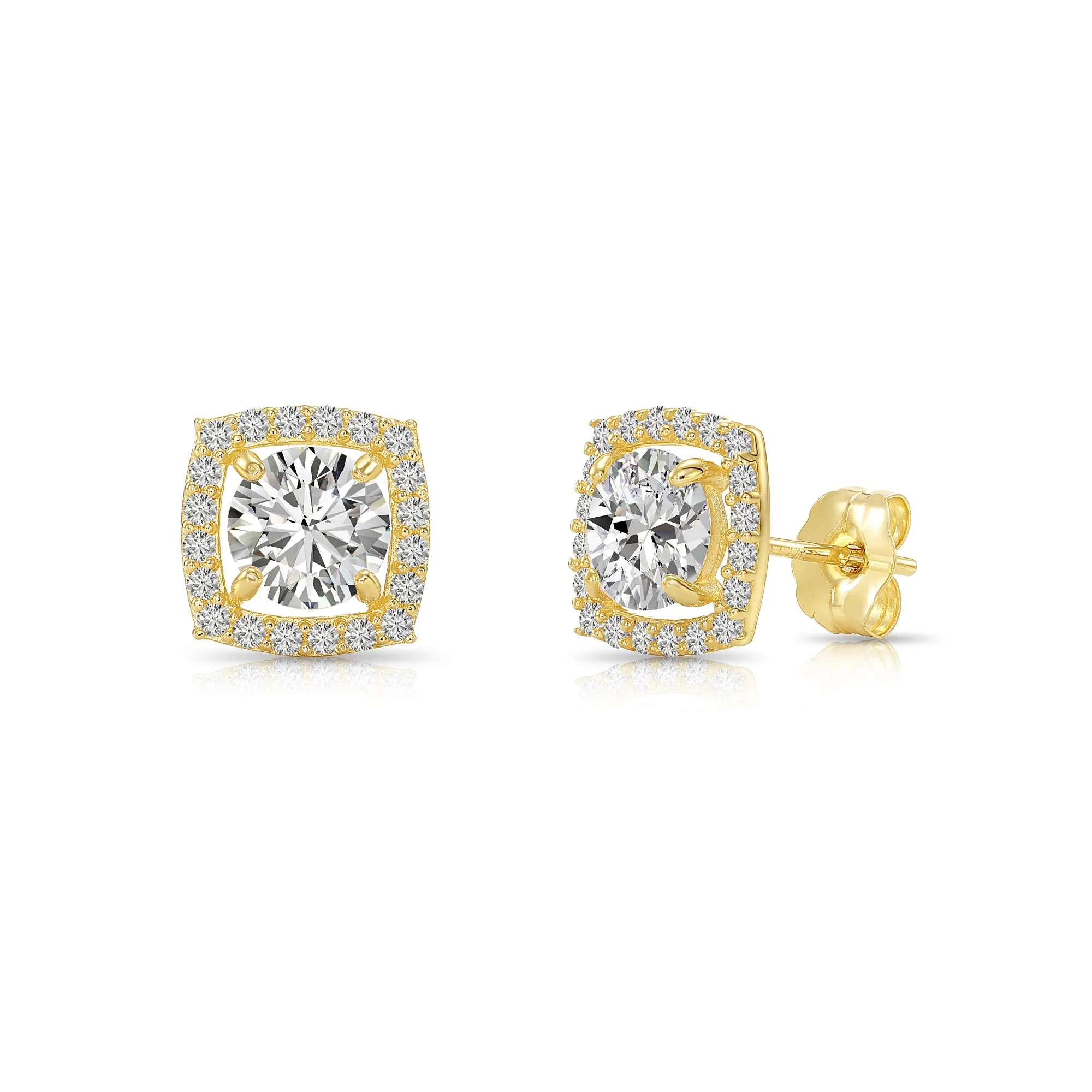 14k Yellow Gold Cushion Halo with Round Center Stone Stud Earrings with Push-Backs