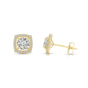14k Yellow Gold Cushion Halo with Round Center Stone Stud Earrings with Push-Backs