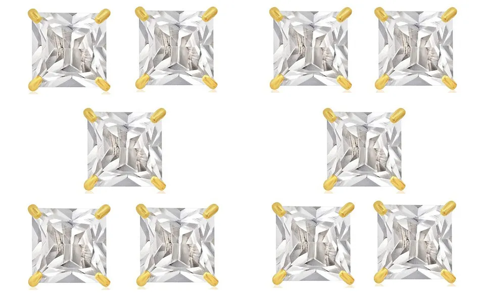 14k Yellow Gold Plated 1/2Ct Square Cut White Sapphire Set Of Five Stud Earrings