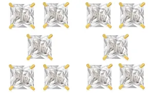 14k Yellow Gold Plated 1/2Ct Square Cut White Sapphire Set Of Five Stud Earrings