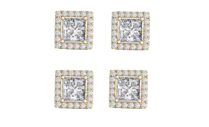 14k Yellow Gold Plated 4Ct Square Cut White Sapphire Set of Two Halo Stud Earrings