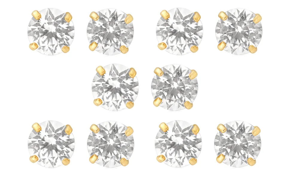 14k Yellow Gold Plated 4mm 1Ct Round White Sapphire Set Of Five Stud Earrings