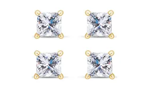 14k Yellow Gold Plated 6mm 1/2Ct Princess Cut White Sapphire Set Of Two Stud Earrings