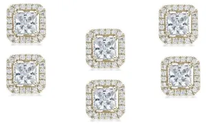 14k Yellow Gold Plated 6mm 4Ct Princess Cut White Sapphire Set of Three Halo Stud Earrings