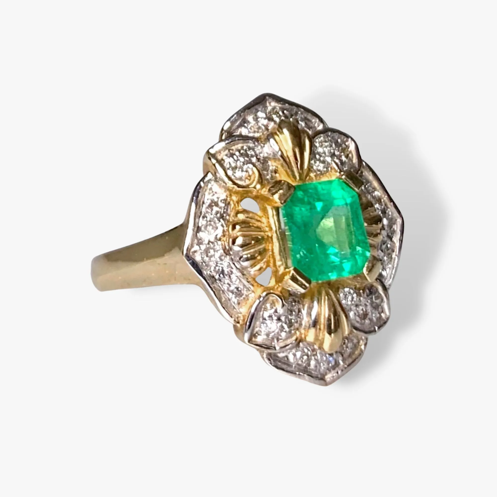 14k Yellow Gold Square Emerald and Diamond Vintage Cocktail Ring