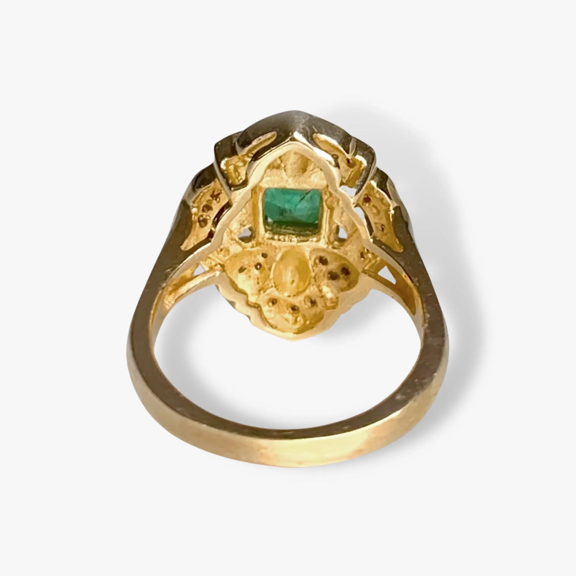 14k Yellow Gold Square Emerald and Diamond Vintage Cocktail Ring