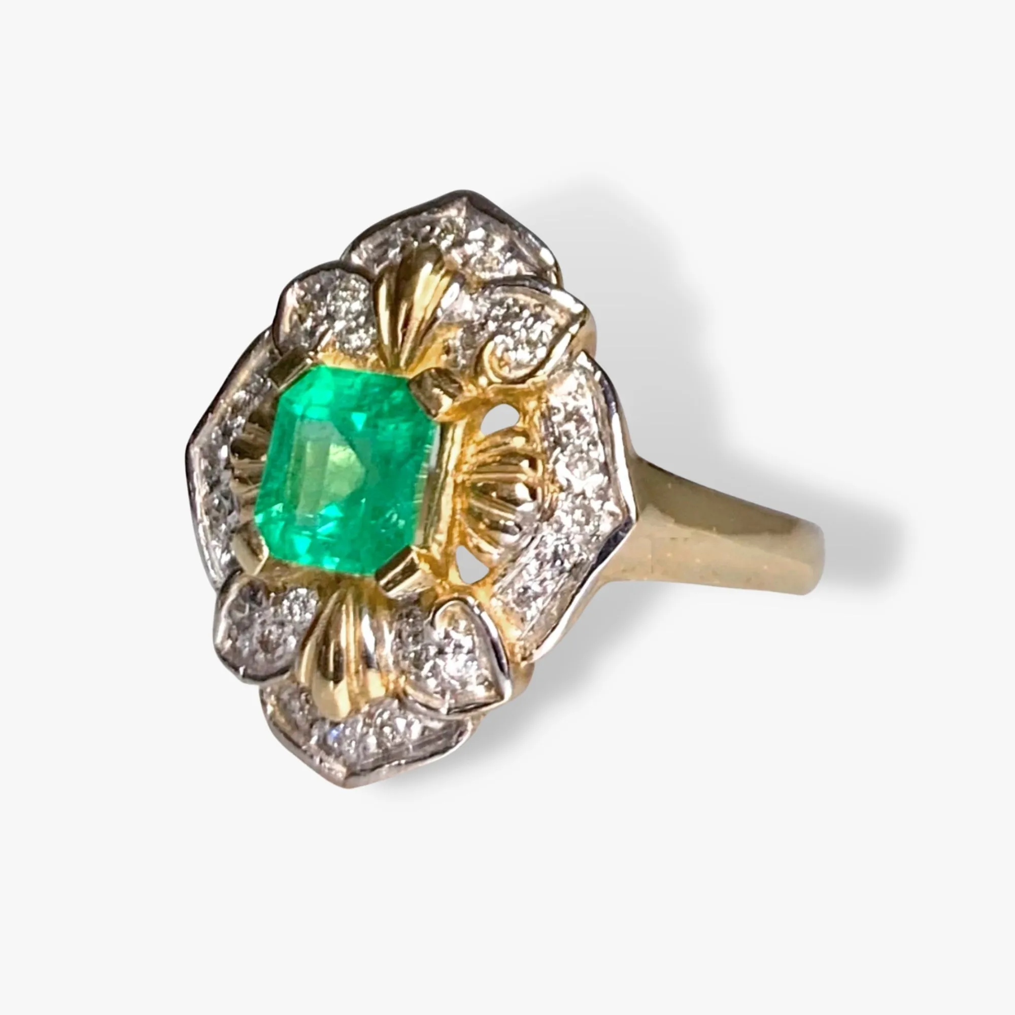 14k Yellow Gold Square Emerald and Diamond Vintage Cocktail Ring