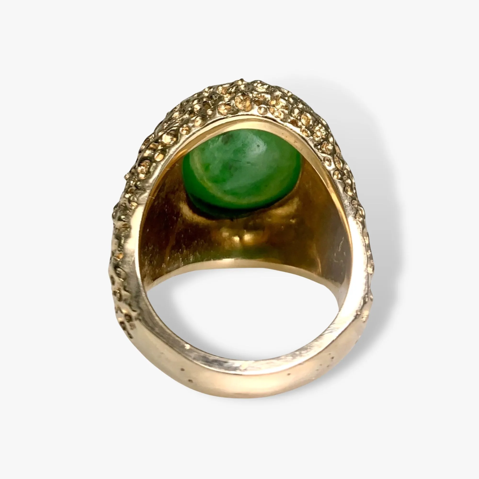 14k Yellow Textured Gold Cabochon Cut Jade Vintage Cocktail Ring
