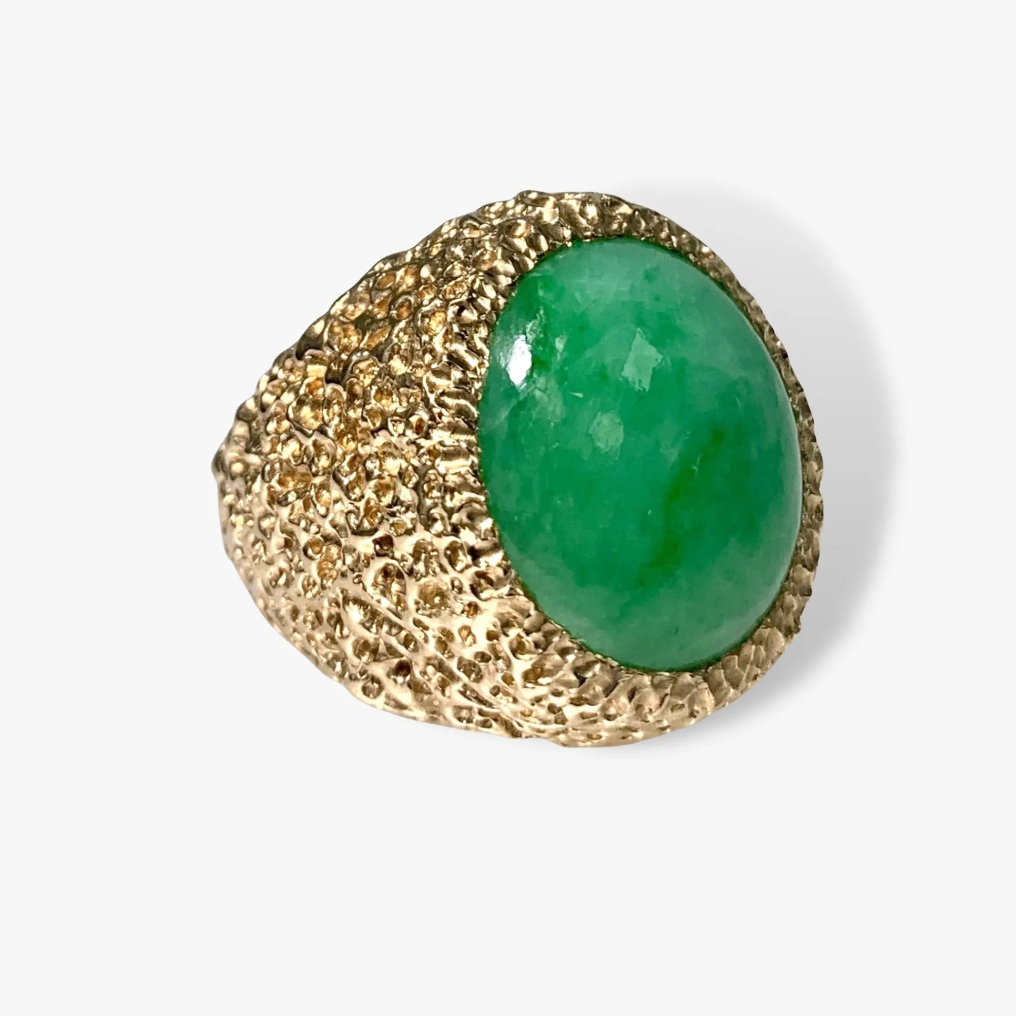 14k Yellow Textured Gold Cabochon Cut Jade Vintage Cocktail Ring
