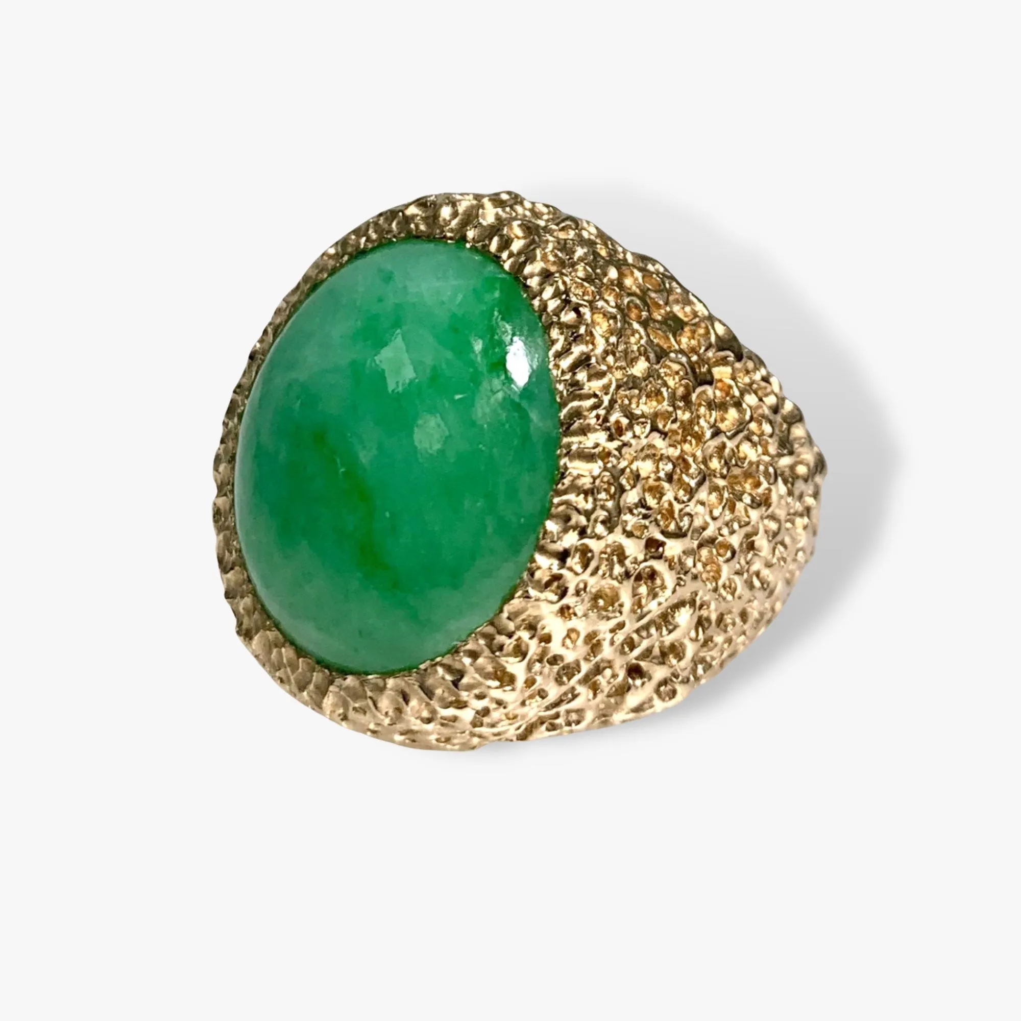 14k Yellow Textured Gold Cabochon Cut Jade Vintage Cocktail Ring
