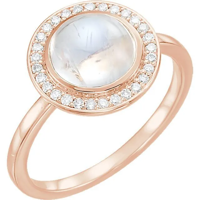14KT GOLD 2.00 CT MOONSTONE & 1/8 CTW DIAMOND ROUND HALO RING
