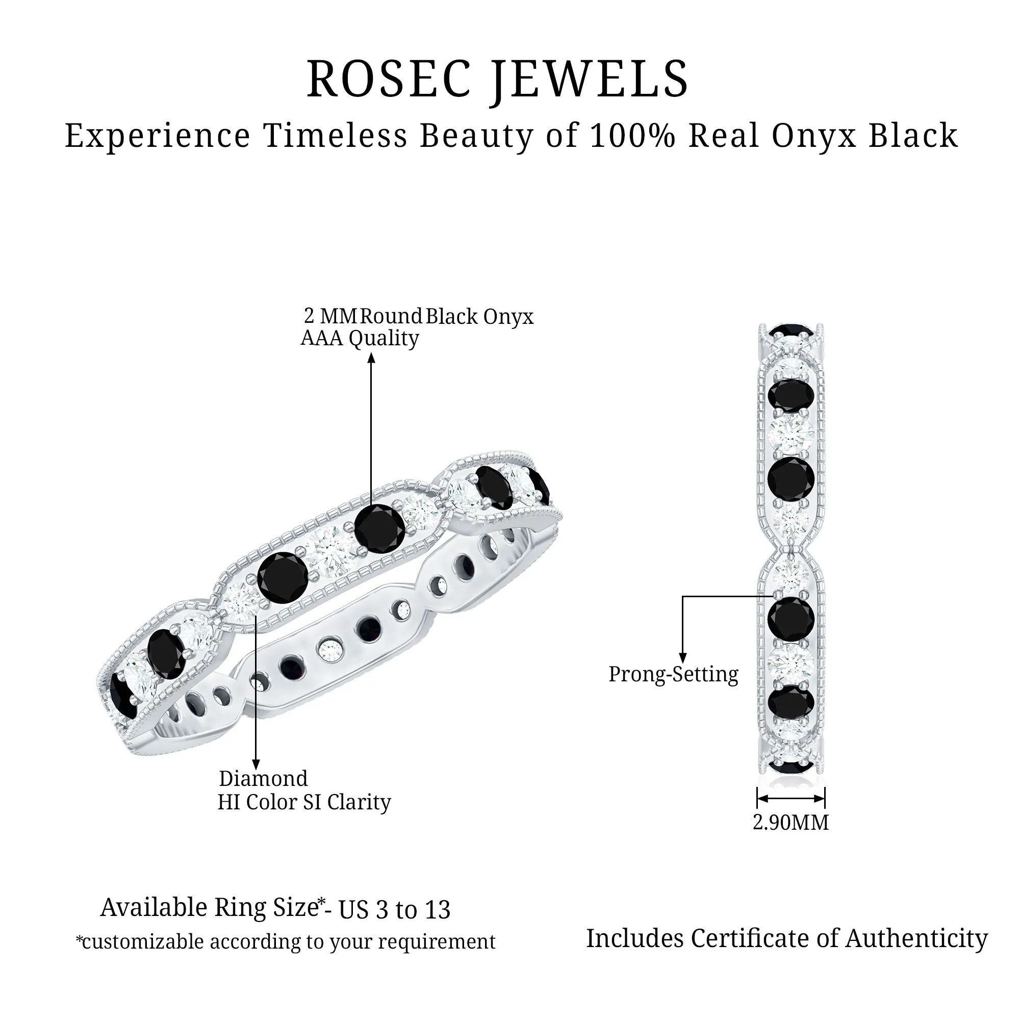 1.75 CT Black Onyx and Diamond Band Ring with Milgrain Details