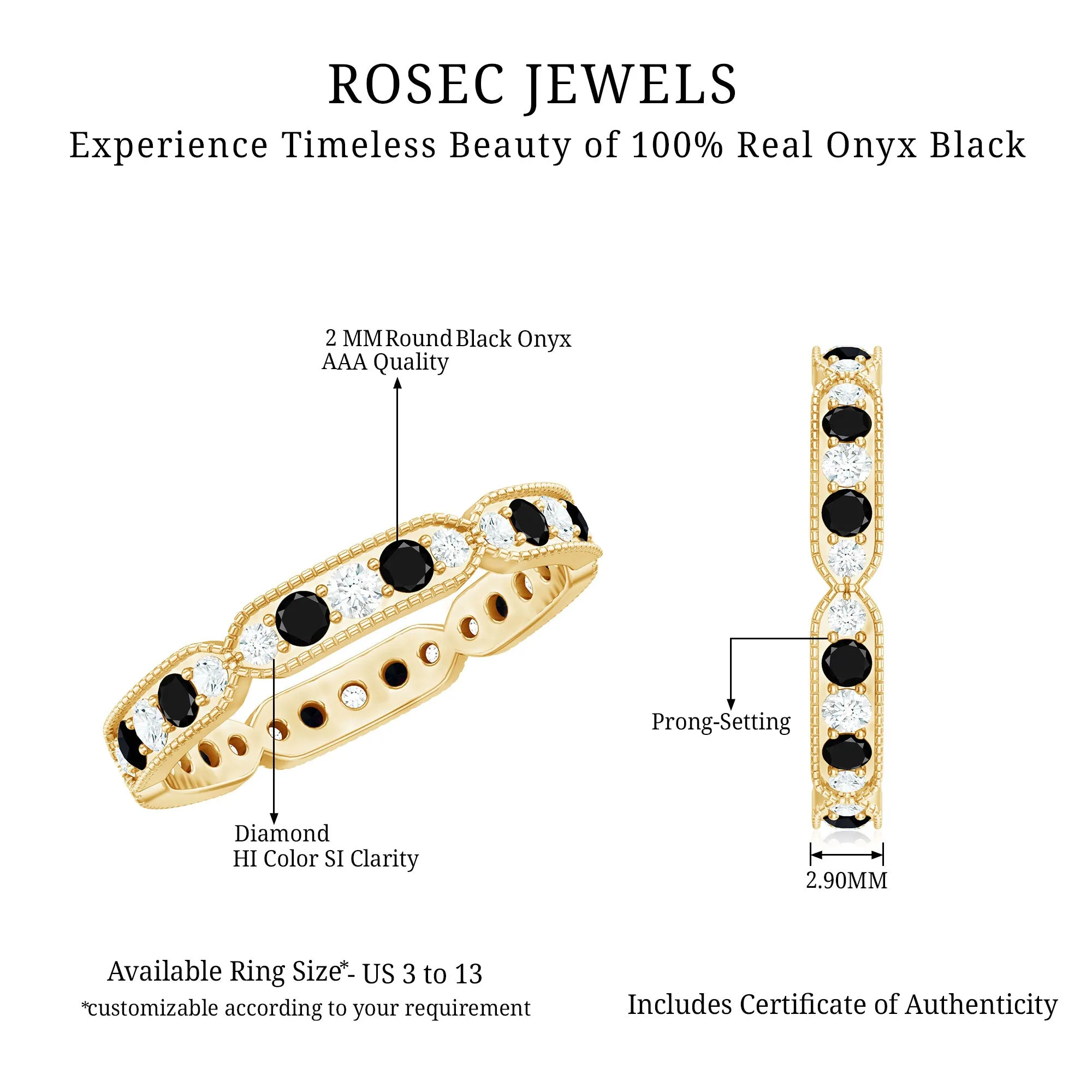 1.75 CT Black Onyx and Diamond Band Ring with Milgrain Details