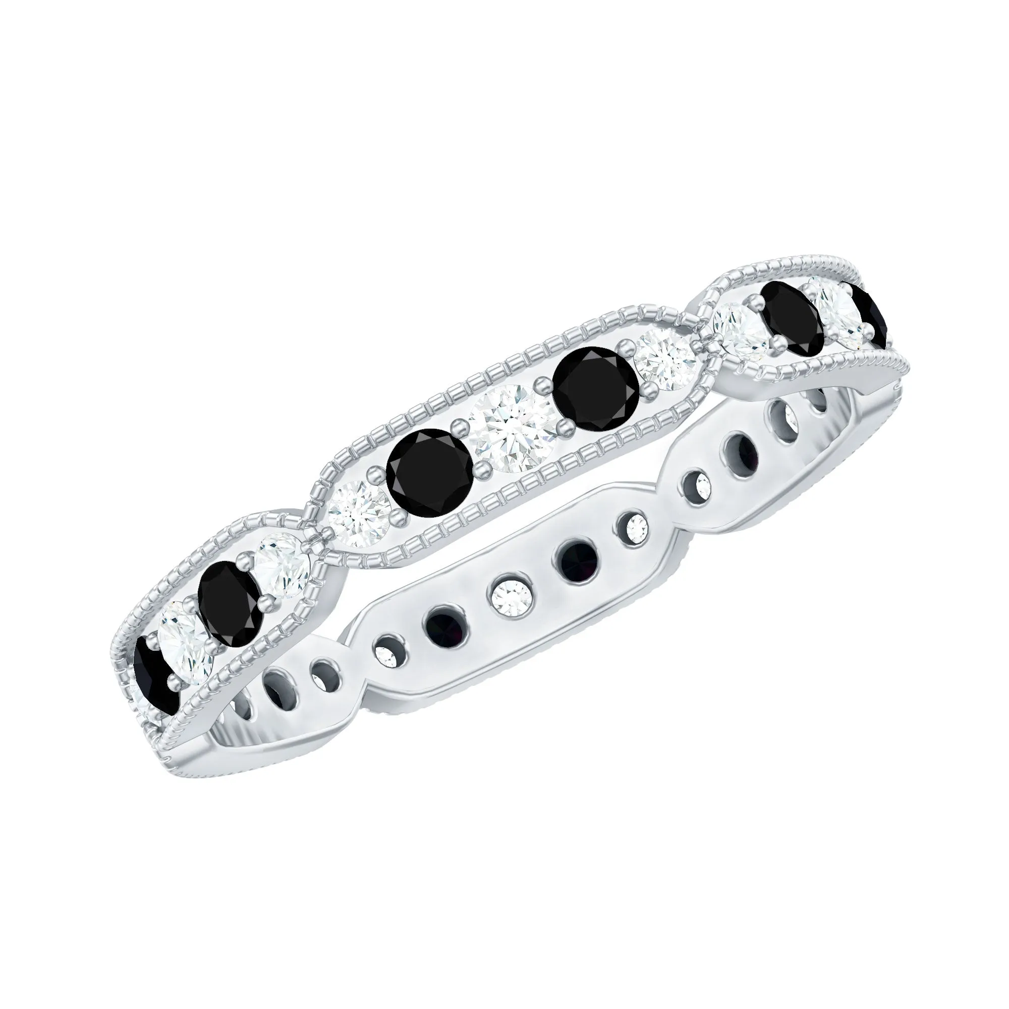1.75 CT Black Onyx and Diamond Band Ring with Milgrain Details
