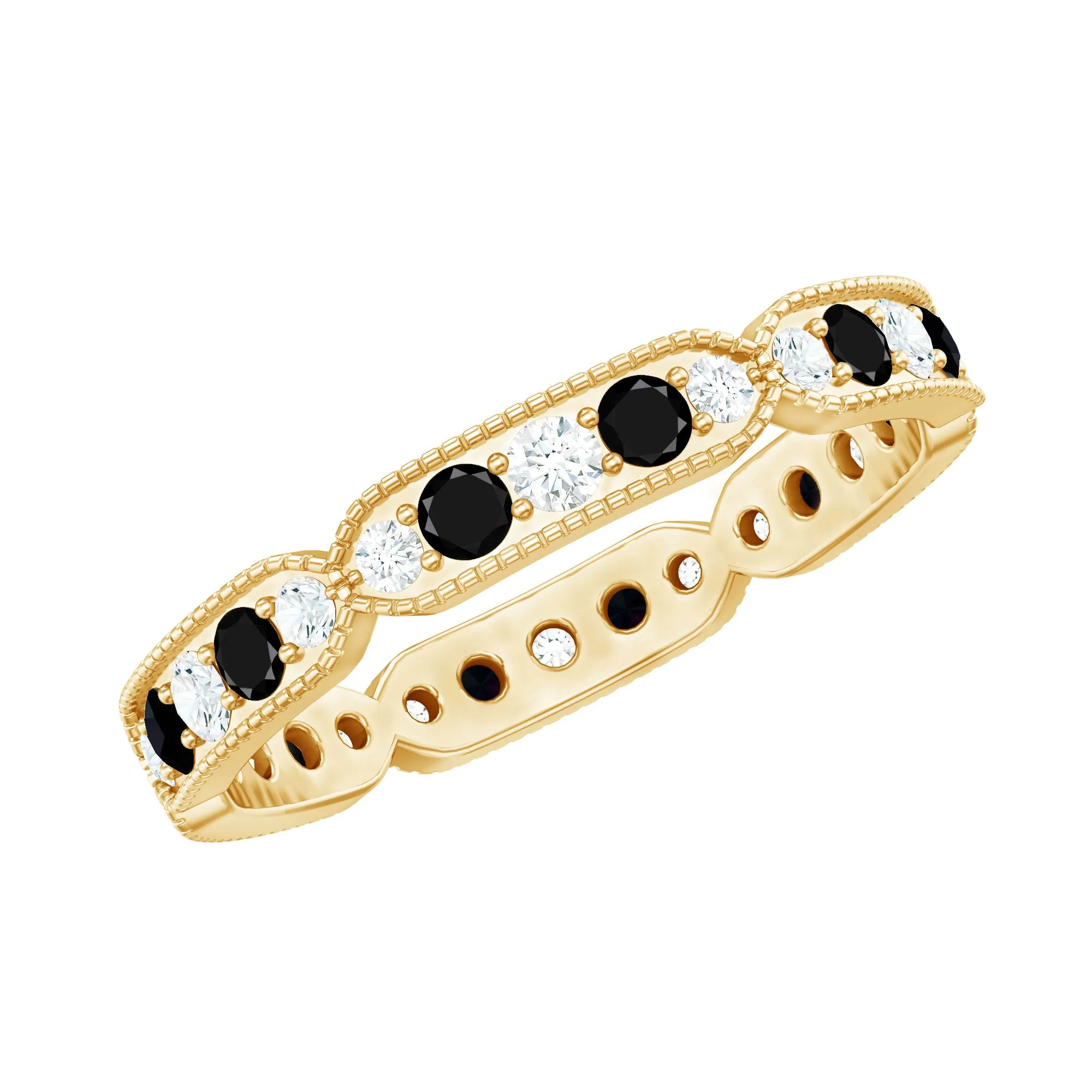 1.75 CT Black Onyx and Diamond Band Ring with Milgrain Details