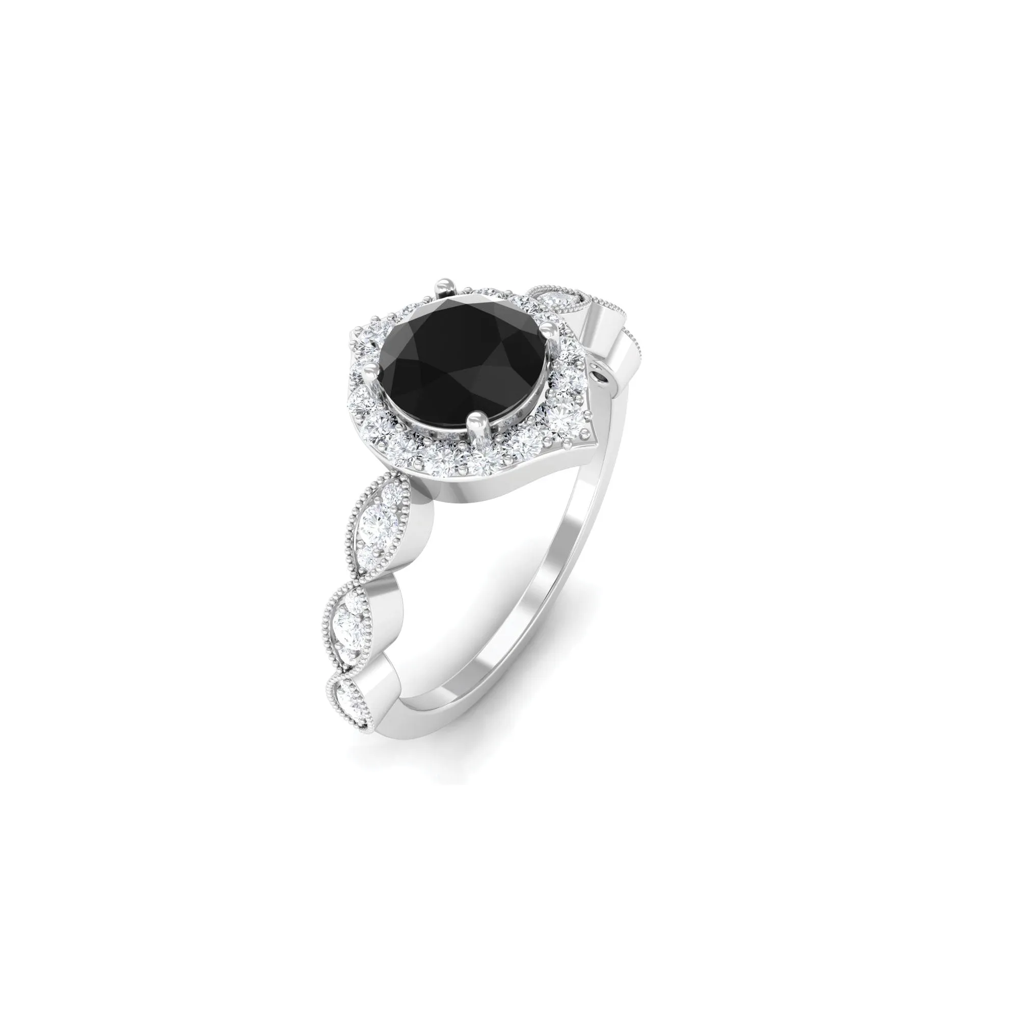 1.75 CT Vintage Black Onyx Engagement Ring with Moissanite Accent