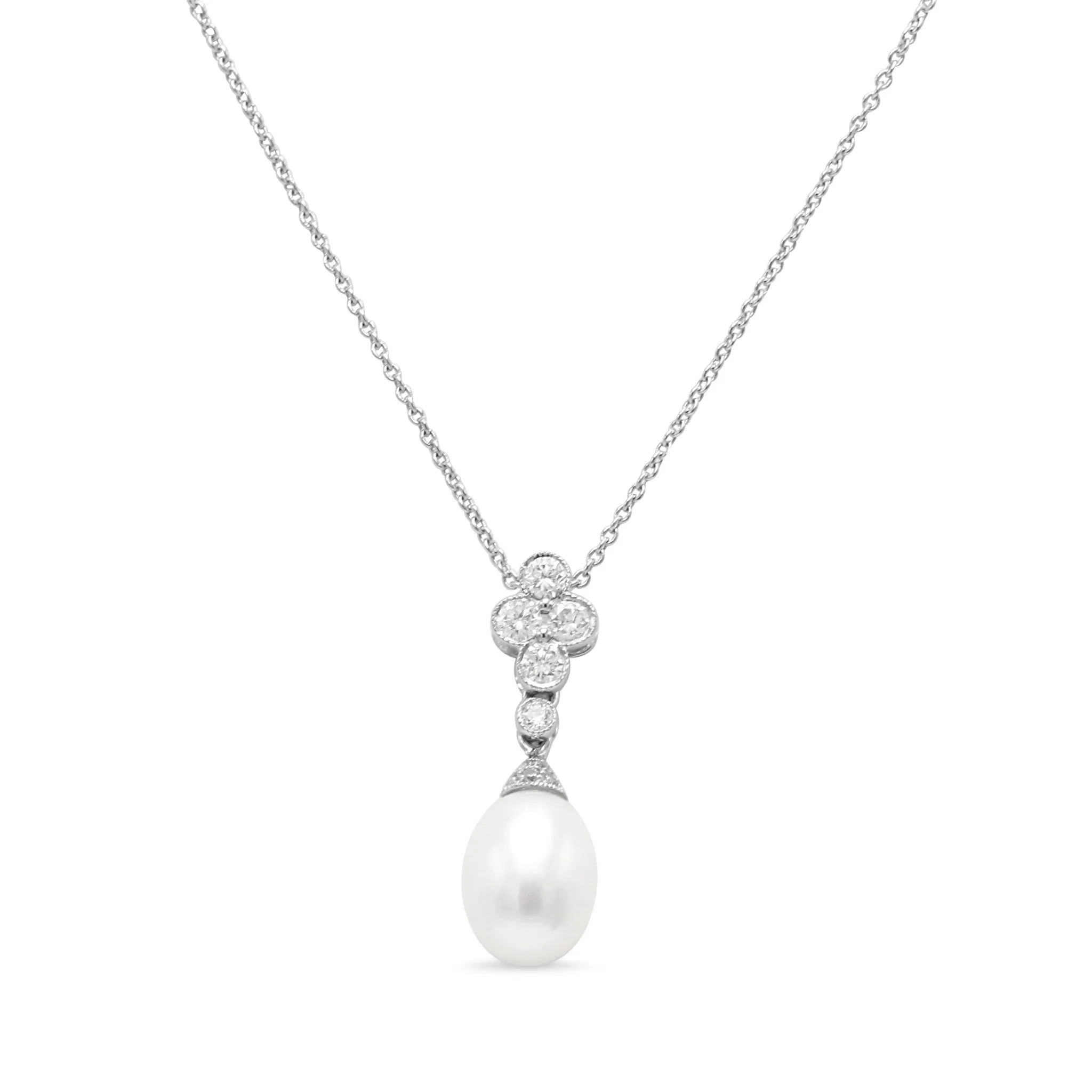 18ct White Gold Diamond & Clustered Pearl Drop Pendant Necklace 17"