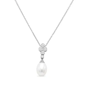 18ct White Gold Diamond & Clustered Pearl Drop Pendant Necklace 17"