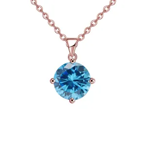 18K Rose Gold 1 Carat Created Blue Topaz Round Stud Necklace Plated 18 inch