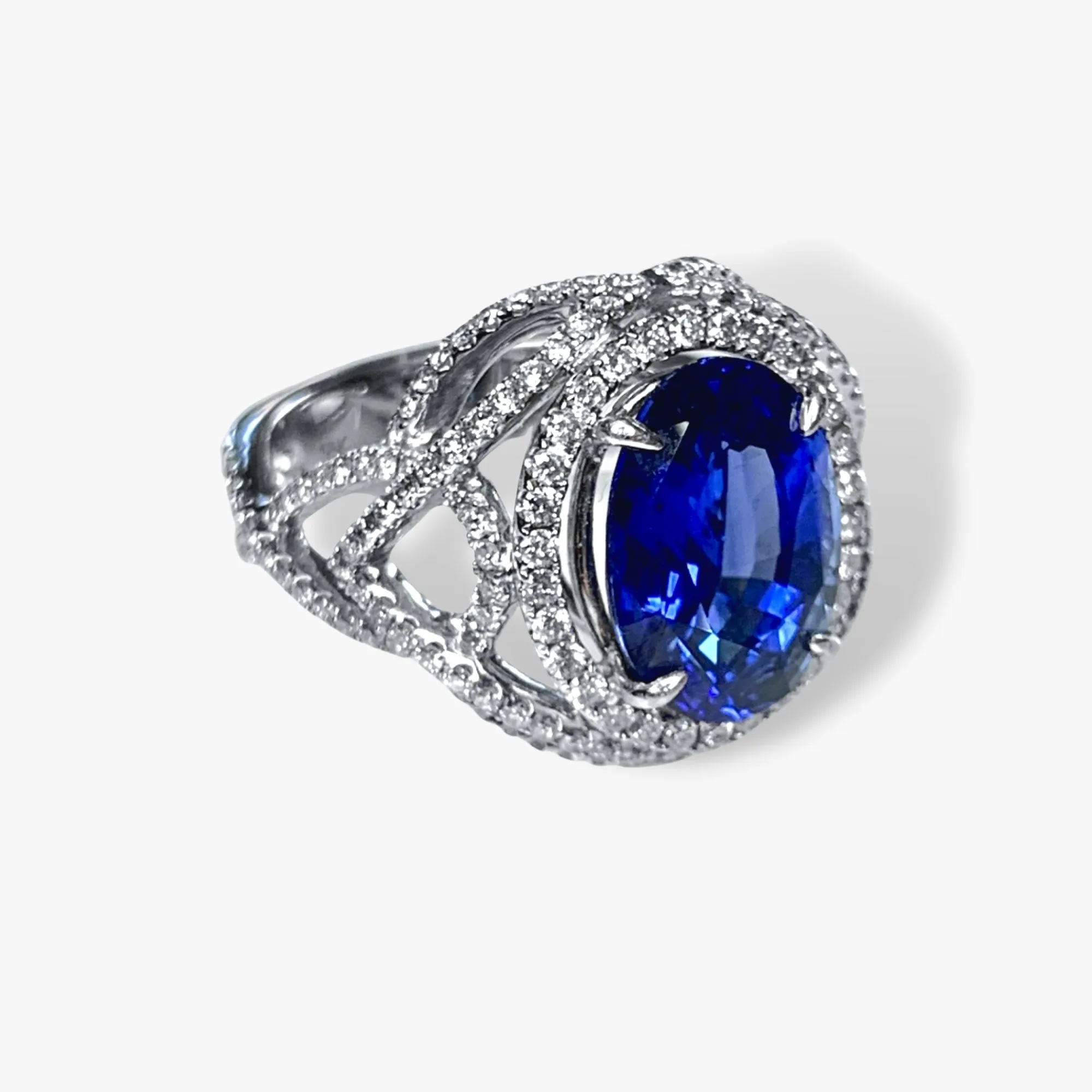18k White Gold Oval Blue Sapphire and Diamond Dome Cocktail Ring