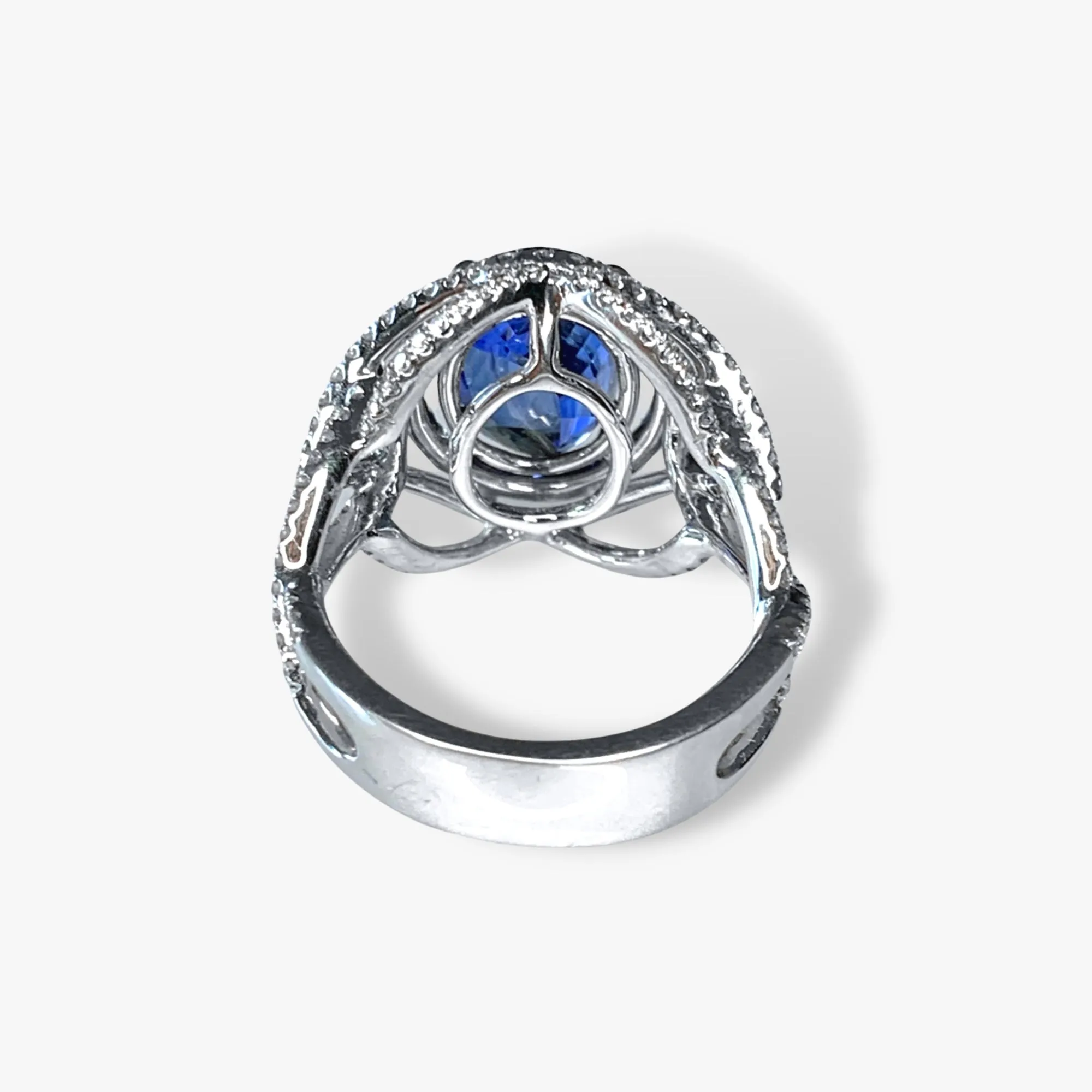 18k White Gold Oval Blue Sapphire and Diamond Dome Cocktail Ring