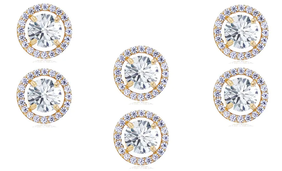 18k Yellow Gold Plated 1Ct Round White Sapphire Set of Three Halo Stud Earrings