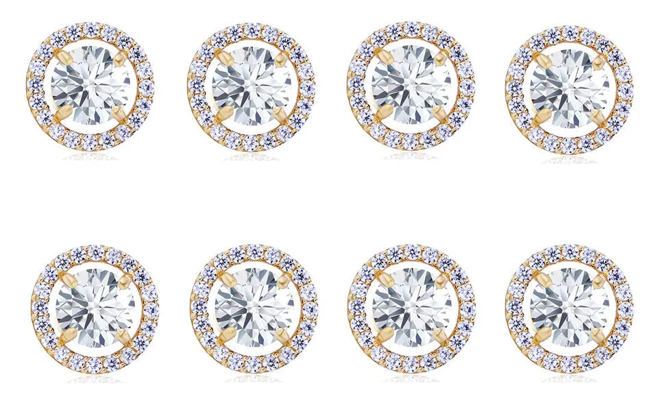 18k Yellow Gold Plated 4Ct Round White Sapphire Set Of Four Halo Stud Earrings