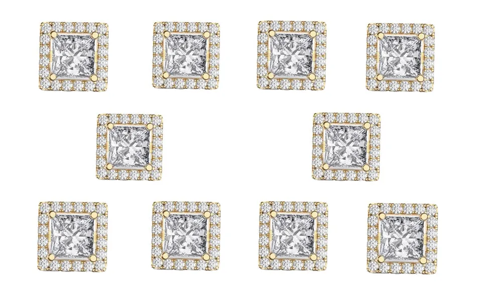 18k Yellow Gold Plated 4mm 1Ct Square Cut White Sapphire Set of Five Halo Stud Earrings