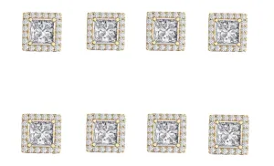 18k Yellow Gold Plated 4mm 1Ct Square Cut White Sapphire Set of Four Halo Stud Earrings