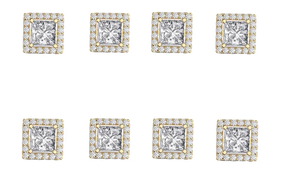 18k Yellow Gold Plated 4mm 1Ct Square Cut White Sapphire Set of Four Halo Stud Earrings