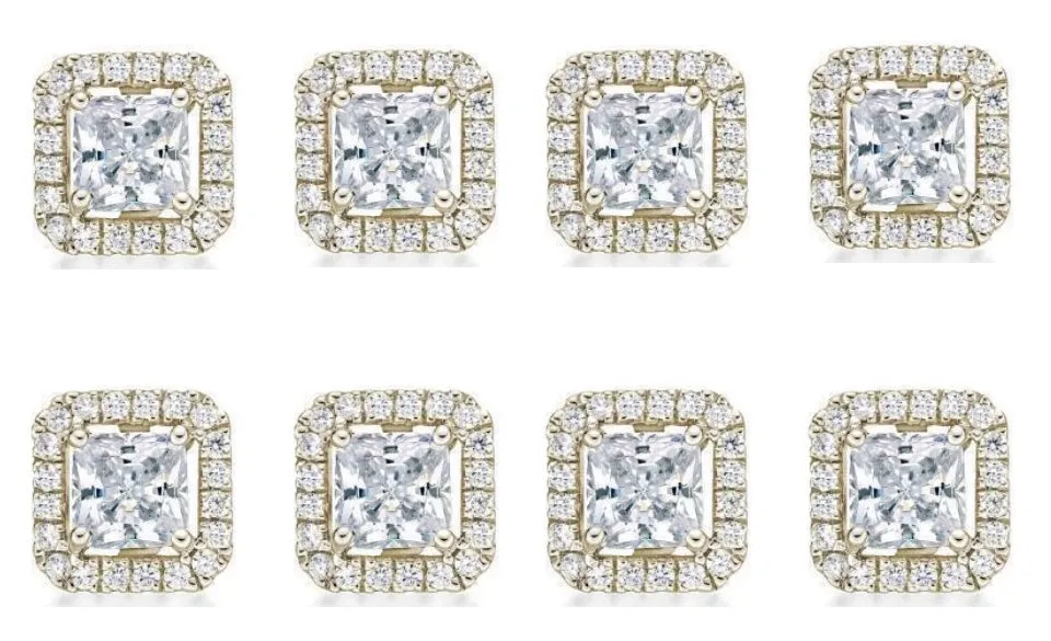 18k Yellow Gold Plated 4mm 2Ct Princess Cut White Sapphire Set of Four Halo Stud Earrings